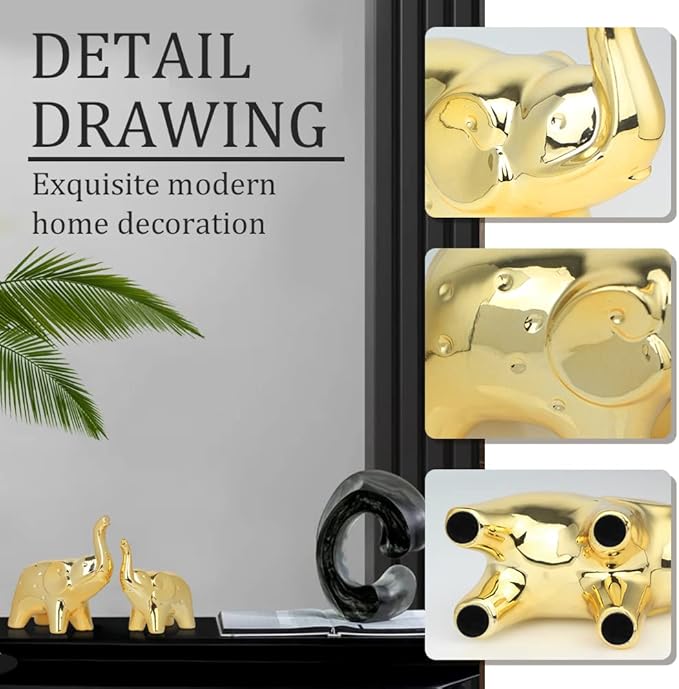 prosfalt A Pair Elephant Statue Home Decor,Modern Style Figurines,Sculpture for Office Desktop Bookshelf Living Room (Ceramics Gold)