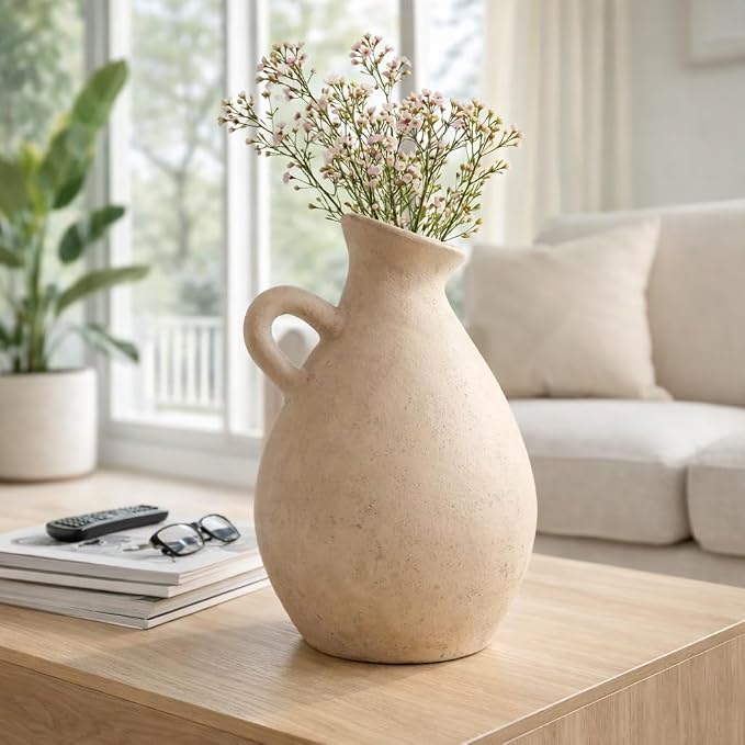 Terracotta Jug with Handle Vase for Living Room Decor - Decorative Home Accents for Bedroom, Office, and Table Centerpiece - Modern Flower Vase for Kitchen Counter and House Styling - 17", Ivory & Tan