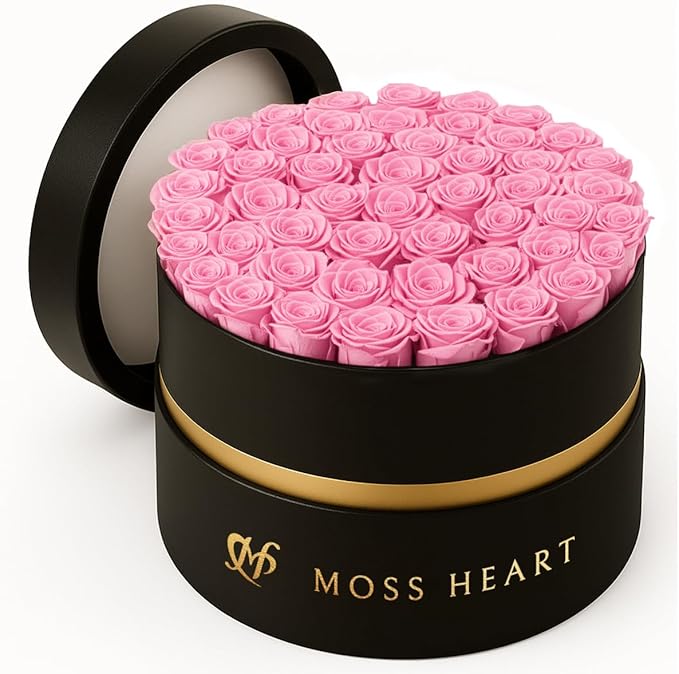 50 Petite Preserved Roses, Designer Round Box, Real Forever Roses Last 1+ Year, Premium Gift for Women, Wife, Girlfriend, Mother’s Day, Birthday, Anniversary, Valentine’s Day