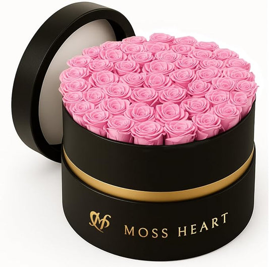 50 Petite Preserved Roses, Designer Round Box, Real Forever Roses Last 1+ Year, Premium Gift for Women, Wife, Girlfriend, Mother’s Day, Birthday, Anniversary, Valentine’s Day