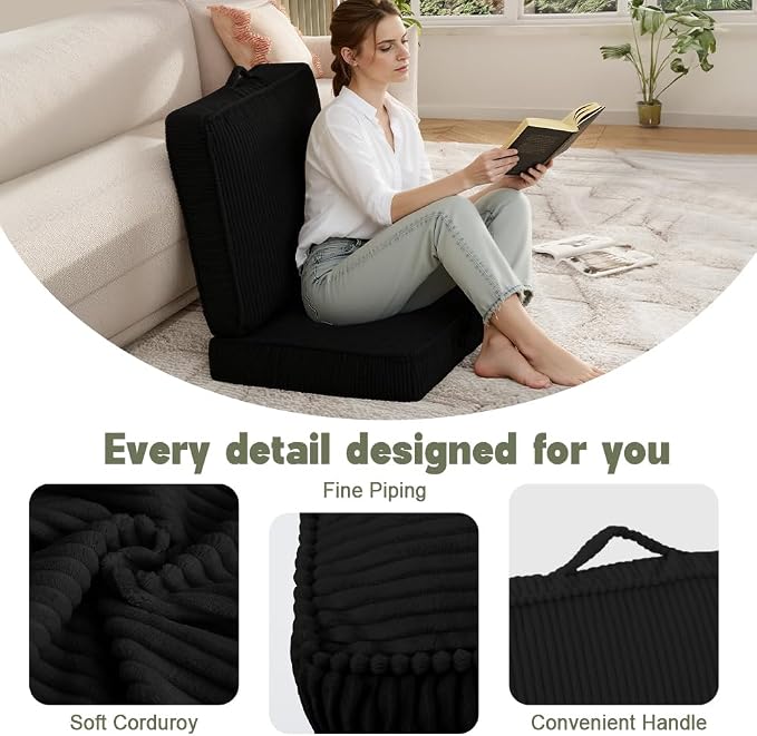 Floor Pillow for Adults Set of 2, 4" Square Floor Cushions with Washable Cover, Large Corduroy Meditation Pillow, 22 inches Tatami Seat with Handle for Living Room or Yoga, Black