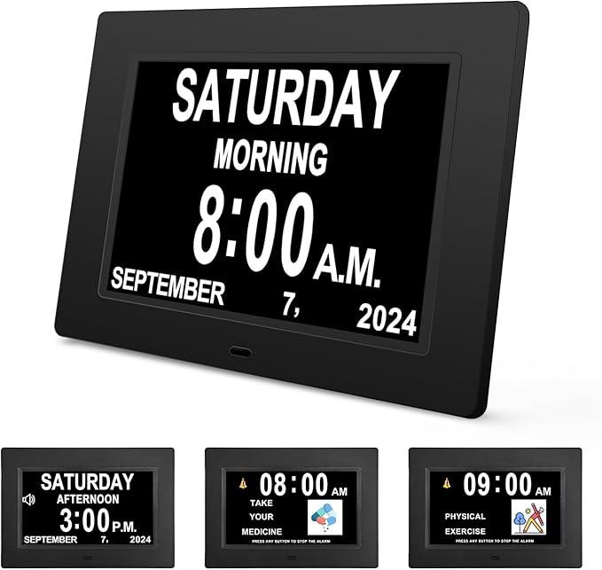 JALL 【2024 New Digital Calendar Dementia Day Clock, 7 Inch Large Screen Display, with Multiple Alarms, AM & PM Display, for Impaired Vision People, Age Seniors, for Desk, Wall Mounted
