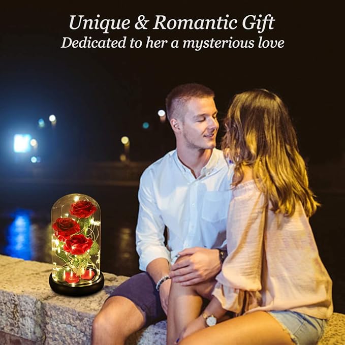 Beauty and The Beast Rose, Classic Red Rose with LED Lights and Falling Petals, Gifts for Women, Birthday Gifts for Women, Light Up Rose in Glass Dome, Valentine's Day Gifts for her