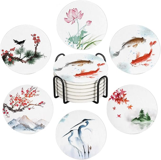 Drink Coasters for Drinks Set of 6, Traditional Oriental Ink Painting Absorbent Round Ceramic Stone Mat Coaster, with Cork Base and Metal Holder, Home Bar Decor House Warming Gift
