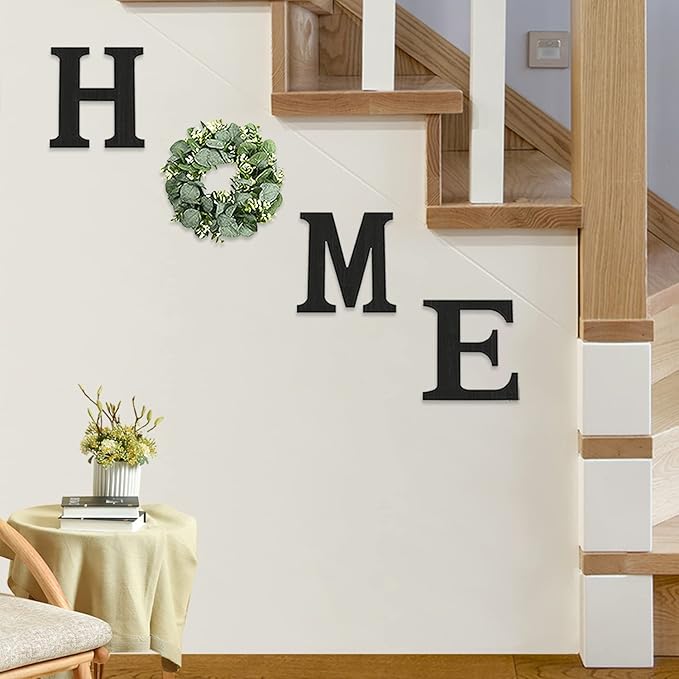 Pinkpum Wood Home Sign with Artificial Eucalyptus Wreath for O, Hanging Farmhouse Wall House Decor Wood Letters for Wall Art Rustic Home Decor, Wall Decor for Living Room Kitchen Entryway (Black)