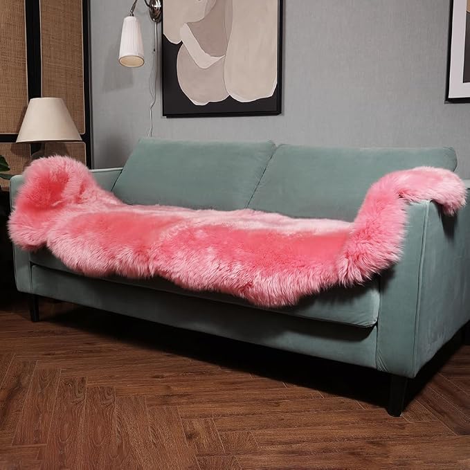 IRIWOOL Premium Genuine Fur Sheepskin Rug Real Australia Sheepskin Natural Luxury Fluffy Lambskin Fur Area Rug Seat Covers for Kids Bedroom Sofa Chair Cover (Pink, Double Pelt/2ft x 6ft)