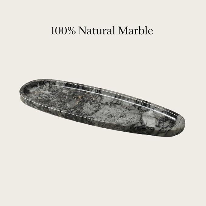 Natural Marble Vanity Tray, 16.6"x4.6" Grey Real Stone Decorative Tray for Bathroom Countertop & Home Decor, Catchall Organizer for Jewelry, Candles, Cosmetics & Perfume（Grey）