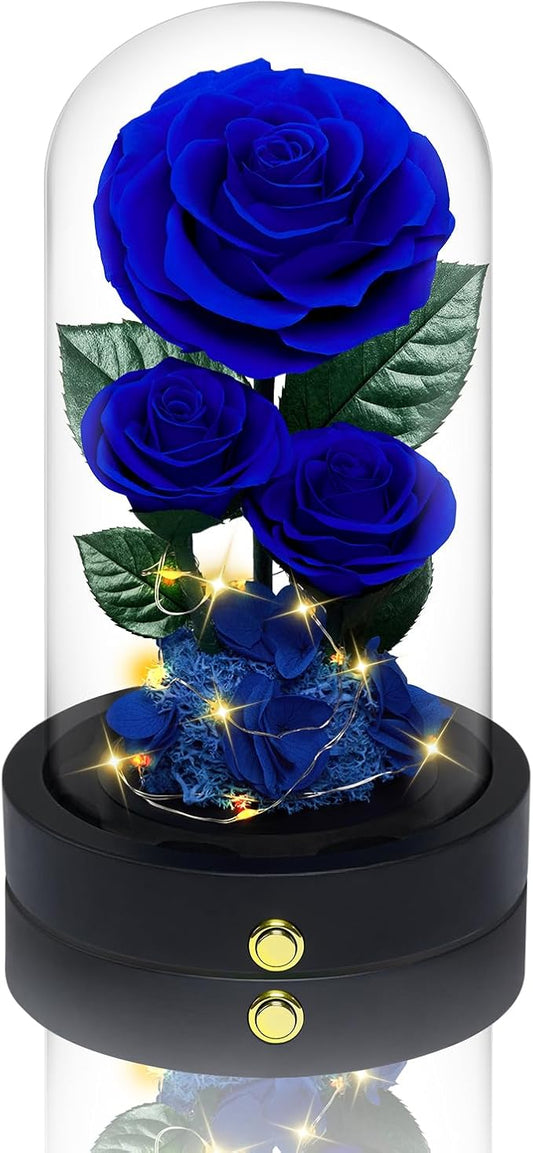 3 Preserved Flowers Roses in Glass Dome for Beauty and The Beast Decor Real Rosas Eternas for Women Mom Birthday,Forever Blue Roses for Delivery,Christmas for Wife Girlfriend Her