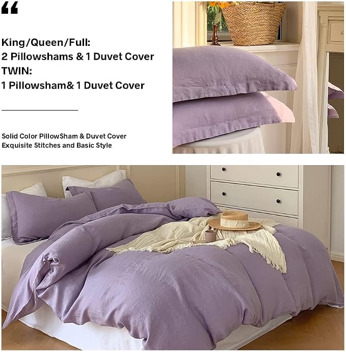 Simple&Opulence 100% Linen Duvet Cover Set, 3 PCS Natural French Flax Lilac Duvet Cover Queen Size, Breathable Soft Comfy Linen Bedding Comforter Cover with 2 Pillowcases(Lilac, 88"x92")