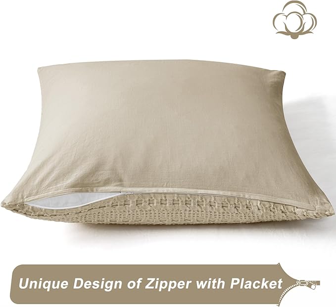 PHF Waffle Weave Euro Pillow Shams, 2 Pack 100% Cotton Pillow Covers 26x26 Inches for Decor, No Insert, Luxury Aesthetic Euro Pillow Cases for Bedroom Decor, Khaki