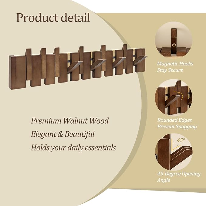 26.8" Wooden Piano Key Coat Rack Wall Mounted, 10 Hooks Natural Walnut Wall Coat Rack, Wall Mounted Coat Rack for Hanging Coats/Hats/Keys/Towels/Bags