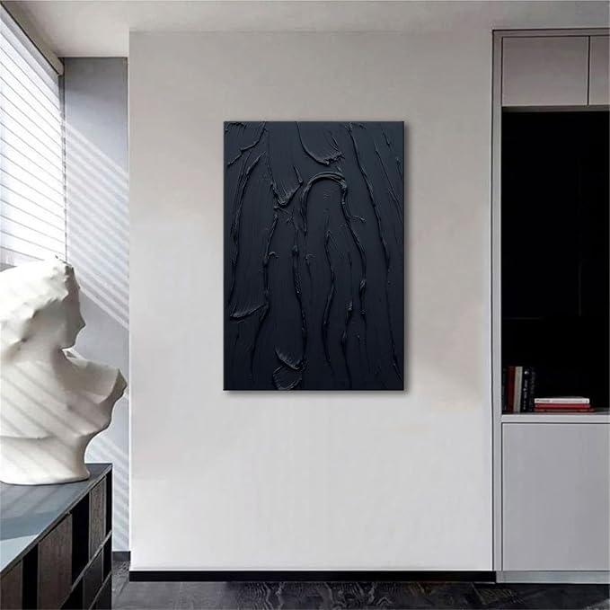 zoinart Hand Painted Pure Black Wall Art Minimalist Oil Painting 24x36 Inches Vertical Thick Textured Wall Art Home Office Decoration