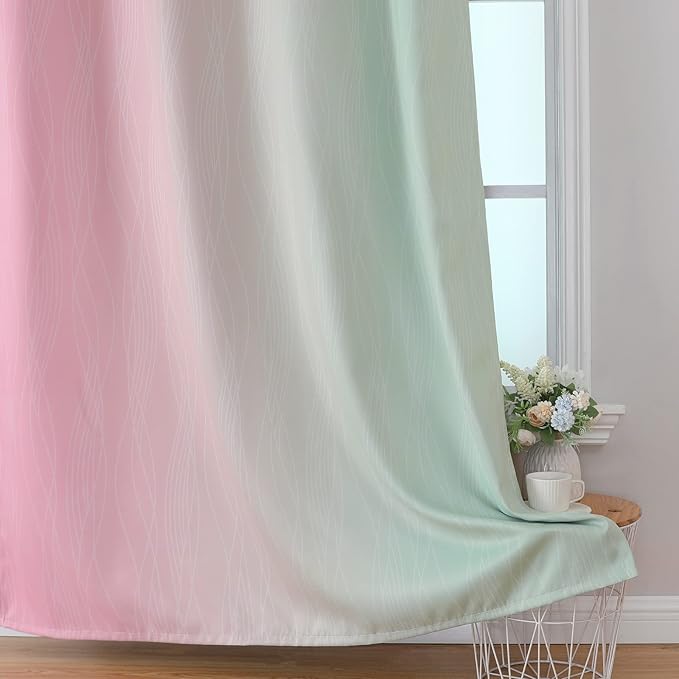Estelar Textiler Sage Green and Pink Ombre Blackout Curtains 72 Inches Length for Bedroom, Thermal Insulated Light Blocking Grommet Gradient Blackout Drapes for Living Room, 42Wx72L, 2 Panels
