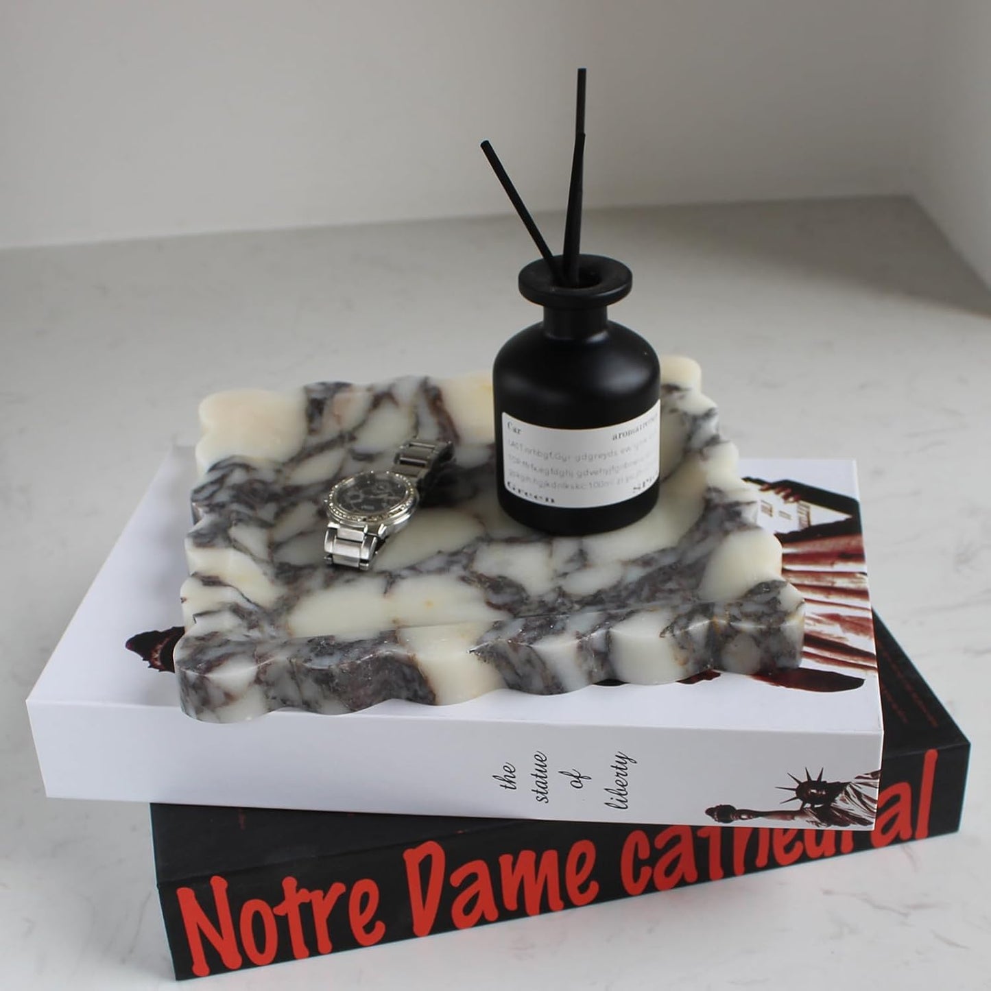 Natural Luxury Marble Tray with Scalloped Edge, Handmade Square Decorative Tray, Catch All Tray for Counter, Dresser, Nightstand and Home Décor (Calacatta Viola)