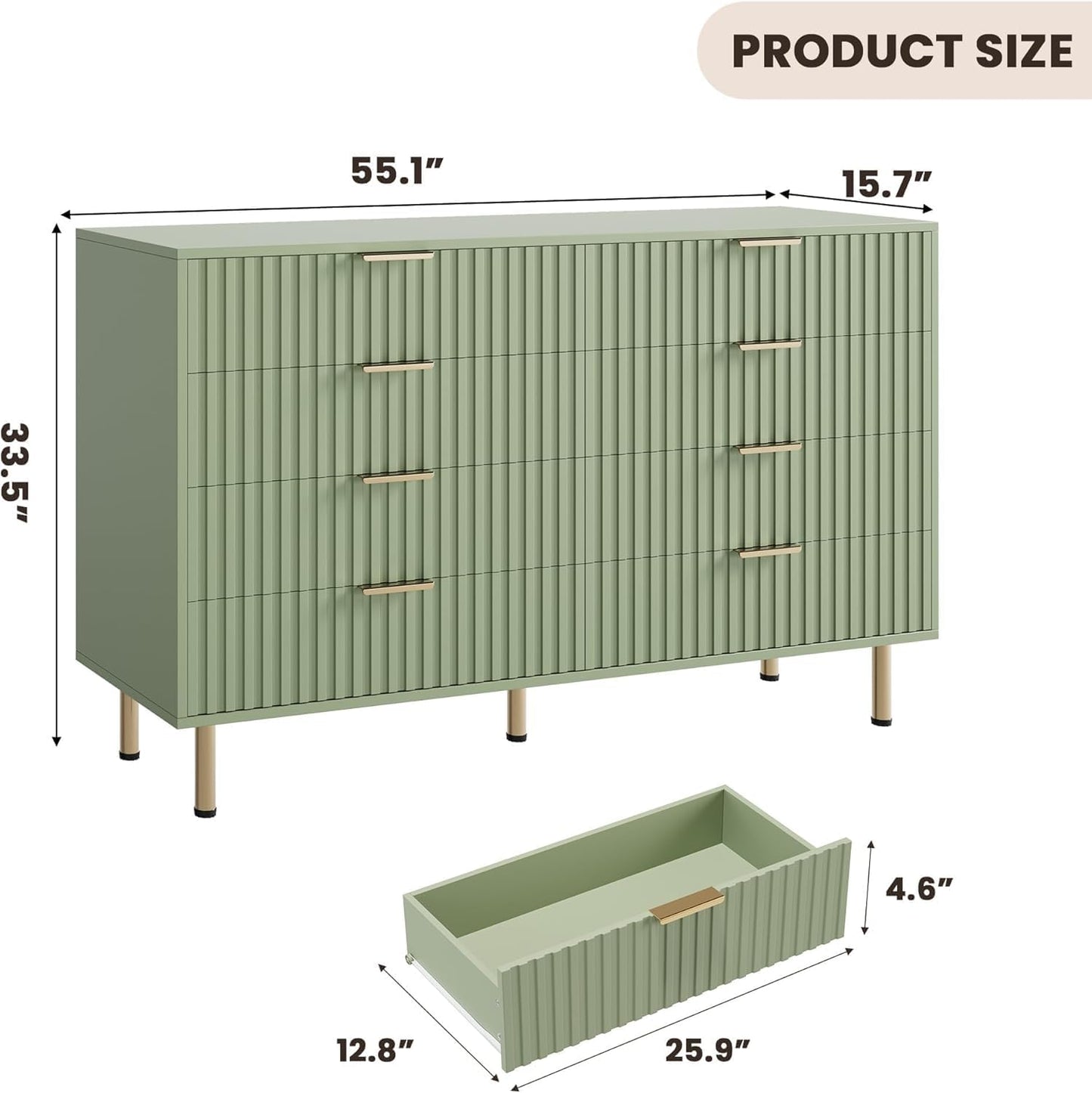 8 Drawer Dresser for Bedroom, Fluted 55" Wide Modern Chest of Drawers with Deep Drawers, Wooden Dresser Organizer for Living Room, Hallway, Kids Room, Green