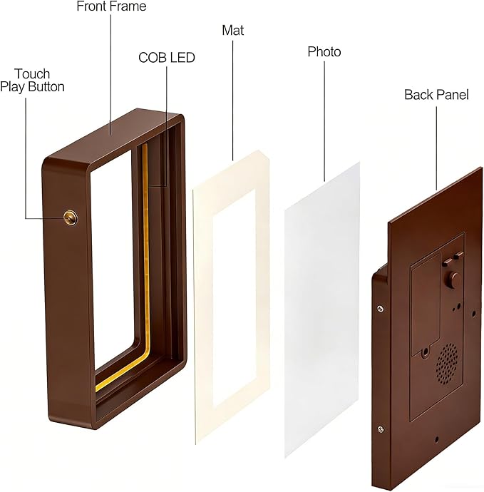 Wooden Photo Frame with Voice Recording and Soft LED Light – Personalized 180S Recordable Picture Frame Fits 3.5x5, 4x6 & 5x7 Photos, Tabletop Display, Meaningful Keepsake Gift (Brown)