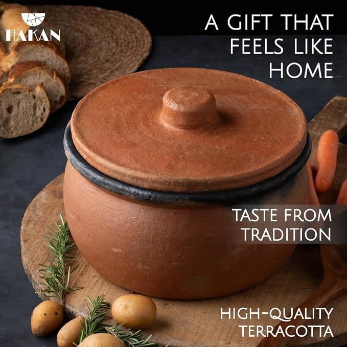 Hakan Efes Clay Cooking Pots with Lids, SMALL 1.9 Quarts Clay Pots for Cooking, UNGLAZED Twice Baked Traditional Casserole Rice Pots for Stove Top, Indian Korean Terracotta Roaster, 60.9 oz (1.8 L)