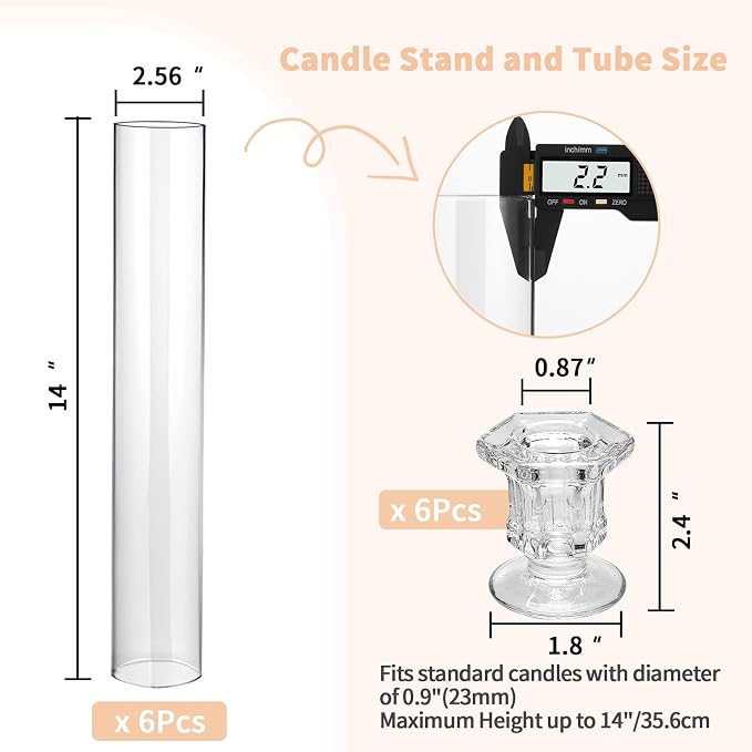 CHILL RECIPE Hurricane Glass Candle Holders-Set of 6 Tall Taper Candle Holder with 14” Tall Clear Cylinder Covers for Wedding Table Centerpiece Home Decor (Diamond Base+Clear Chimney)