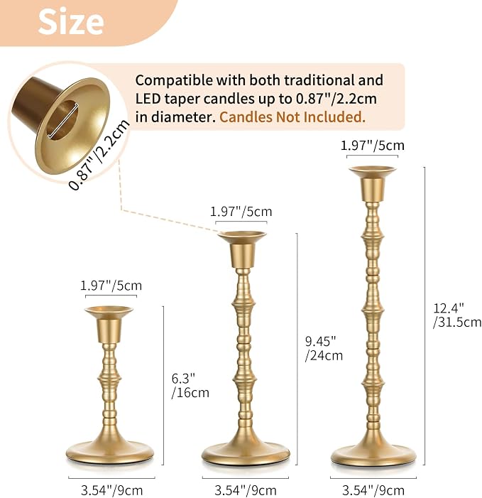Nuptio Gold Candle Holders for Candlestick: Set of 6 Tall Taper Candle Stick Holders for Fall Thanksgiving Christmas Living Room Fireplace Dinner Table Cafe Table Decor