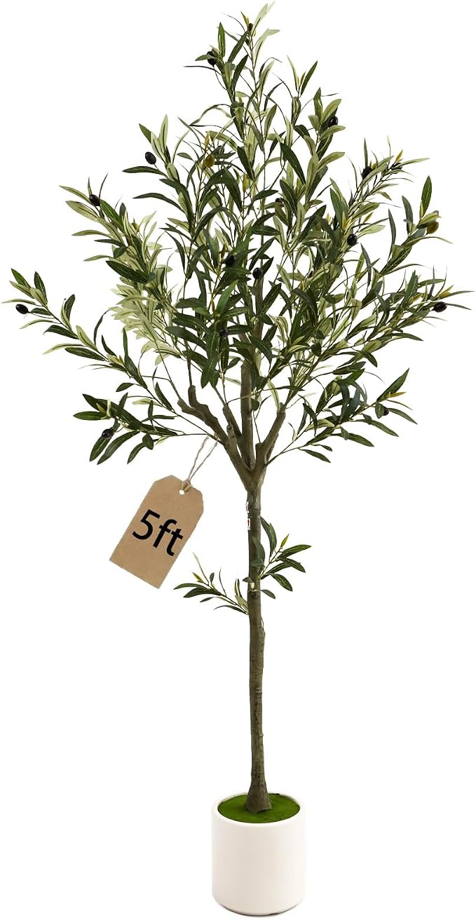 5ft Fake Olive Tree Artificial Indoor,Faux Olive Tree with Pot,Large Olive Branches and Lifelike Fruits,for Home Office House Living Room Decor.