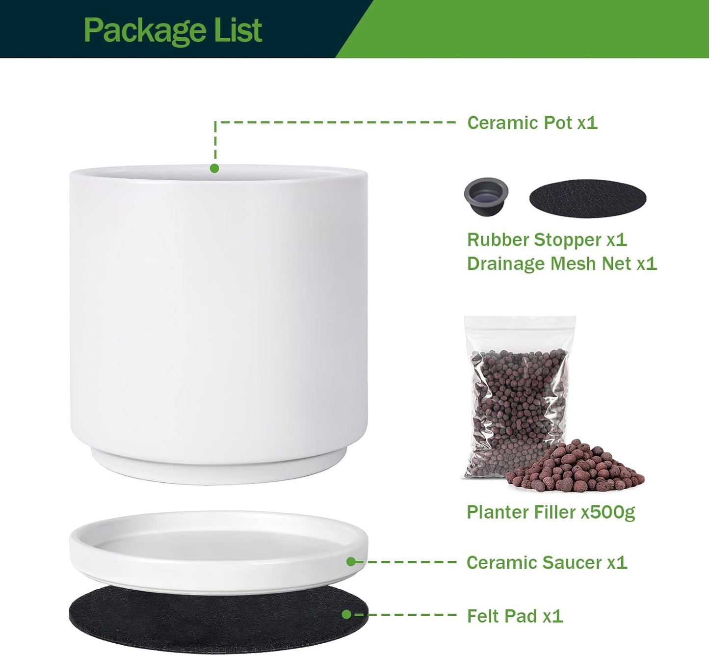 Kazeila 12 Inches Ceramic Planter Pot - Saucer and Drainage Hole - Full Glazed - Matte White