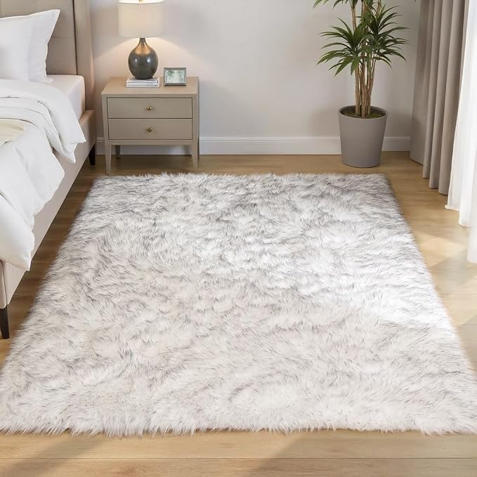Goolela Sheepskin Area Rug 5x7 for Bedroom Living Room Fluffy Fuzzy Furry Rug Faux Fur Shaggy Plush Soft Washable Rectangle - White with Grey Tips