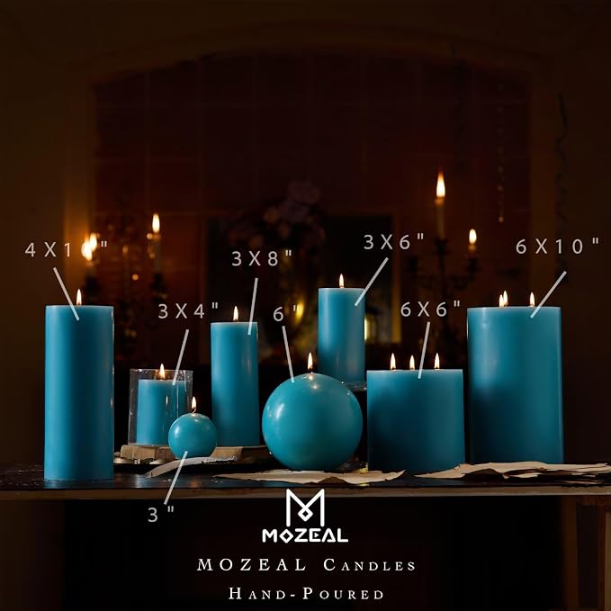 MOZEAL Hand-Poured, 3 Inch Turquoise Round Ball Candles - Elegant Teal Round Pillar Candles Set of 3, Dripless, Unscented, Smokeless, Ideal for Summer Parties.