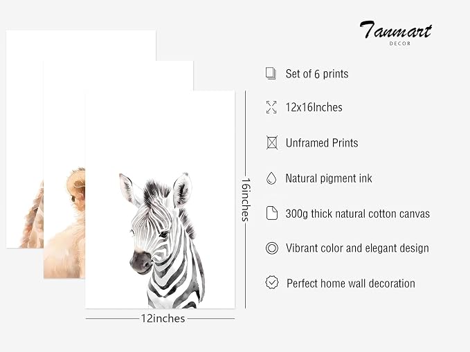 Tanmart Nursery Animal Wall Art Decor Baby Safari Canvas Prints Jungle Animal Wall Art Poster Baby Room Art Nursery Safari Pictures for Bedroom Boys Room 12x16 Inch Set of 6 Unframed