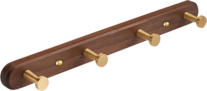 Wall Mounted Coat Rack, Entryway Hanging Rack, Metal Wood Coat Rail with 4 Rustic Hooks for Scarf, Bag, Towel, Key, Cup, Hat - Walnut Gold Matt