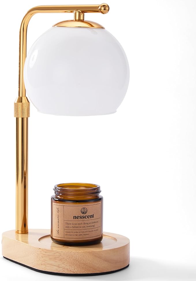 White Glass Candle Warmer Lamp Adjustable Height with Timer 2 4 8H | Warm Gold Hardware | Natural Wood Base | Dimmer Wax Melt Warmer Includes Candle and Bulbs