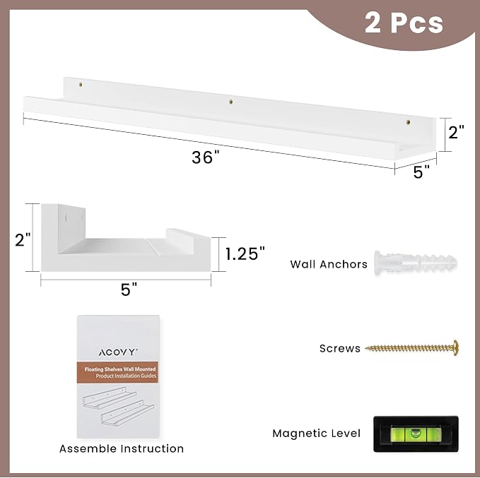 Acovy Floating Shelves for Wall, 36 inch Solid Wood Picture Ledge Shelf, Picture Shelf for Wall with Ledge, Floating Book Shelves for Living Room Bedroom Kitchen Nursery Decor, White, Set of 2