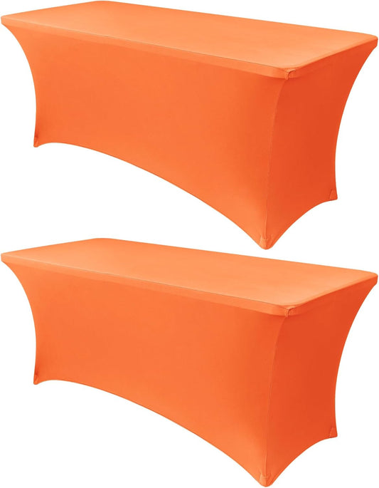 Obstal 8Ft Stretch Spandex Table Cover for Standard Folding Tables - 2 Pack Universal Rectangular Fitted Tablecloth for Party, Banquet, Events, Trade Show (Orange, 96L x 30W x 30H Inches)