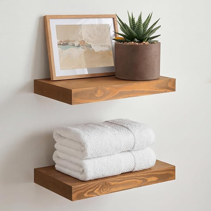 Homeforia 12 inch Golden Oak Floating Shelf, High End Solid Real Wood 12inch Small Floating Shelves for Wall Mounted, Oak Wooden 12in Floating Shelves, Heavy Duty Bracket, 12 X 6.5 X 1.75 in, Set of 3