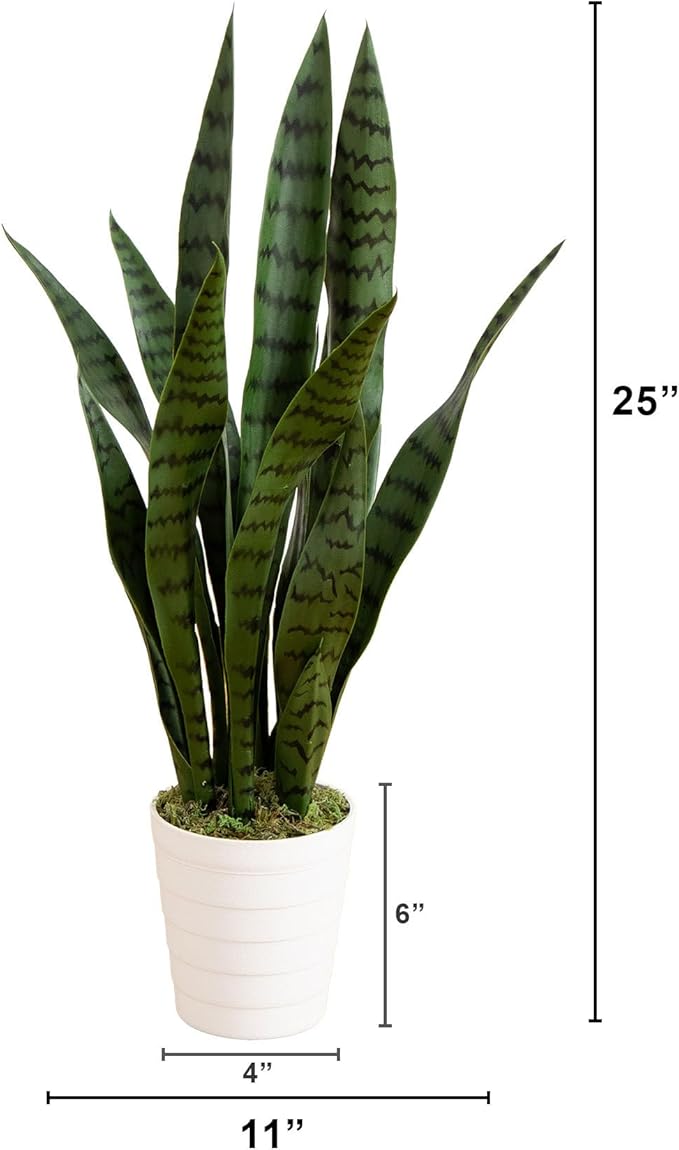 Nearly Natural 2-ft Artificial Snake Plant for Outdoors, Indoor/Outdoor UV Resistant Sansevieria, 24-in Faux Snake Plant for Outdoor Porch and Deck Decor in White Decorative Planter