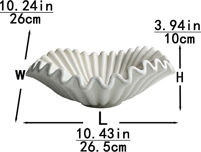 Large Decorative Handmade Bowl Decor, Modern Home Decoration, Fan Shaped Bowl, Ruffle Decor, Stylish Key Bowl for Entry Table, Decorative Fruit Bowl for Kitchen Counter, Light Gray