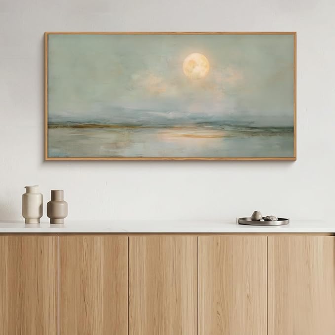 LHIUEM Large Abstract Moon Green Framed Canvas Wall Art Set,Minimalist Beige Gray Wall Decor, Nature Lake Landscape Art Painting for Living Room,Bedroom,Dining Room,Office - 20"x40"x1