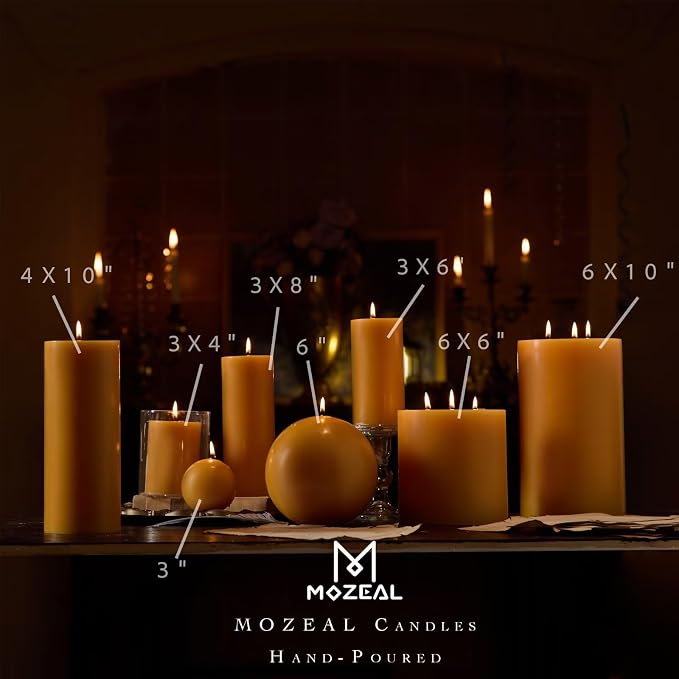 MOZEAL Hand-Poured, 3 Inch Mustard Yellow Round Ball Candles - Elegant Mustard Yellow Round Pillar Candles Set of 3, Dripless, Unscented, Smokeless, Ideal for Autumn Gatherings.
