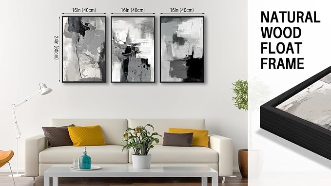 Large Framed Canvas Wall Art - Retro Grey Graffiti Pictures for Living Room Rustic Abstract Wall Decor Vintage Prints for Bedroom Dinning Room Black Float Framed 16" X 24" X 3 pcs