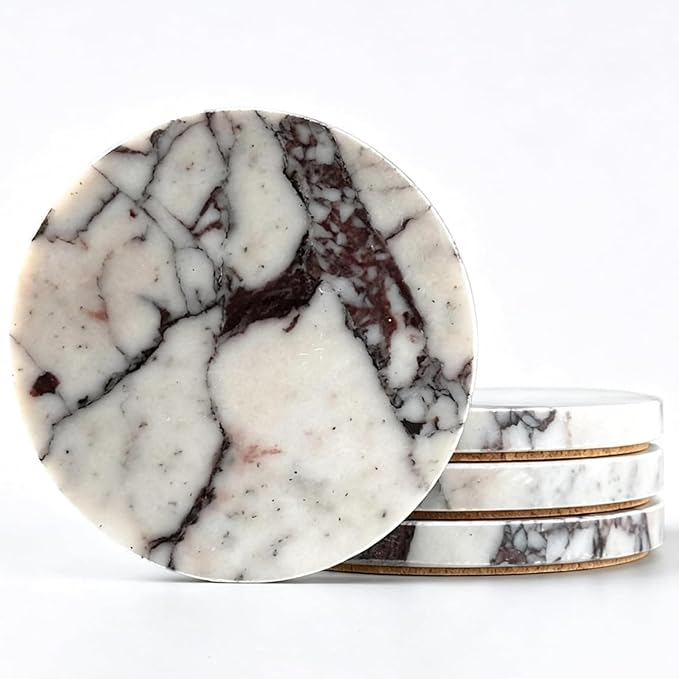 4" Round Calacatta Viola Marble Coasters Set of 4 for Coffee Table | Real Natural Stone Coasters, Non Slip Cork Backing, Modern Living Room and Office Desk Decor, Housewarming Gift
