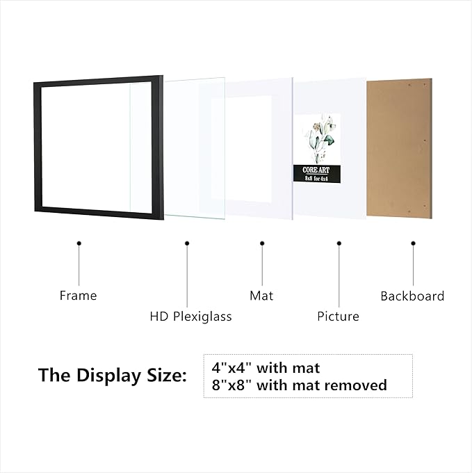 CORE ART 8x8 Picture Frame Set of 4, Display Pictures 4x4 with Mat or 8 x 8 without Mat, Multi Photo Frames Collage for Wall or Tabletop Display, Black