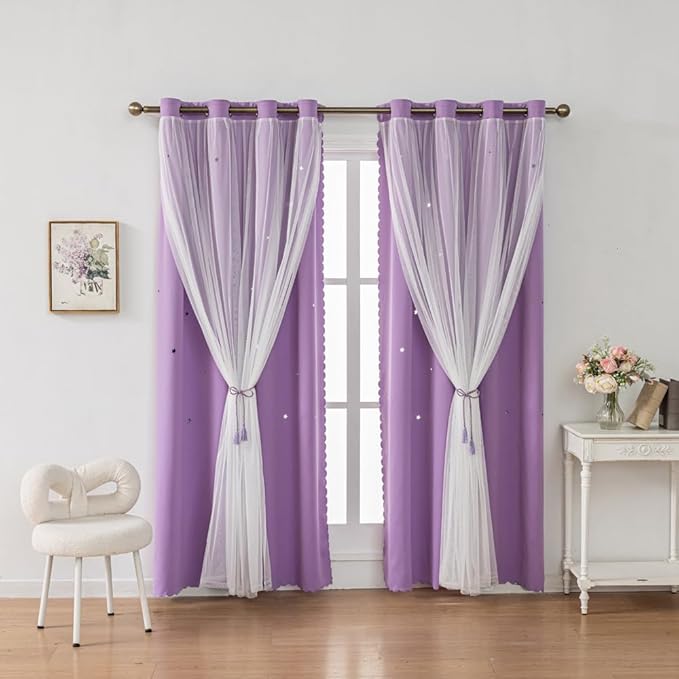 FANLI Ombre Rainbow Blackout Curtains for Kid Girls Bedroom Living Room Darking Stripe Double Layer Star Cut Out Wall Home Decor Gradient Grommet Window Curtains (Purple 95L)