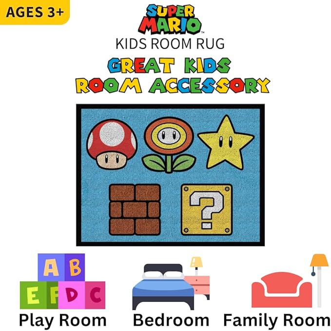 Super Mario Kids Room Non Slip Area Rug, 69 in x 52 in, (Official Licensed Product) By Franco