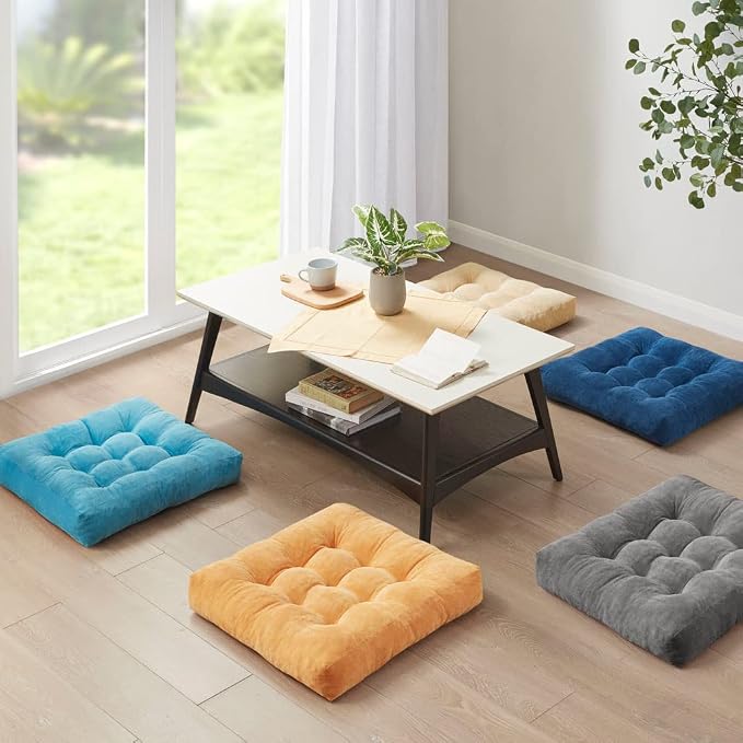 Meditation Floor Pillow Set of 2, Square Large Pillows Seating for Adults, Tufted Corduroy Cushion for Living Room Tatami, Turquoise, 22x22 Inch