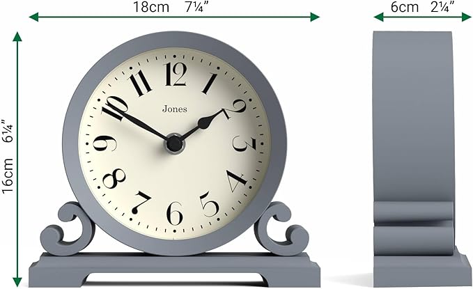 JONES CLOCKS® Saloon Mantel Clock | Small Traditional Double Scroll Design | French Navy | Contemporary Classic Style for Desk, Table, Shelf or Bedside