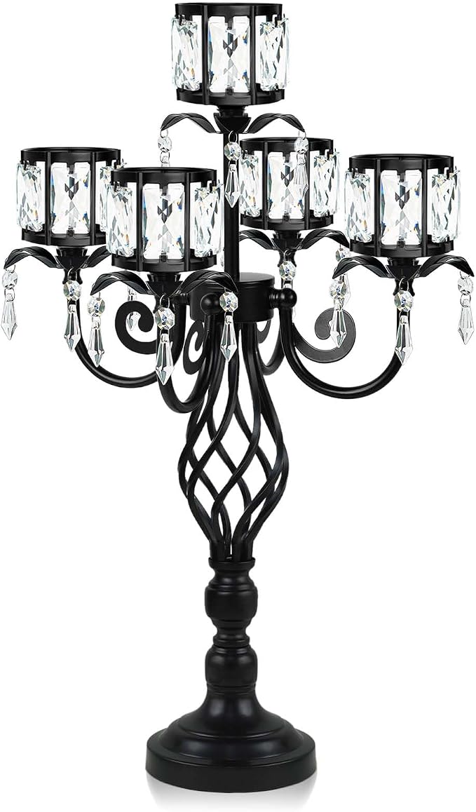 23.2 inch Tall Elegant and Chic 5 Arm Pendant Crystal Candlestick Holder Table Decoration tealight Candle Holder, Candelabra for Gorgeous Wedding/Parties Table Centerpiece (1, Black)