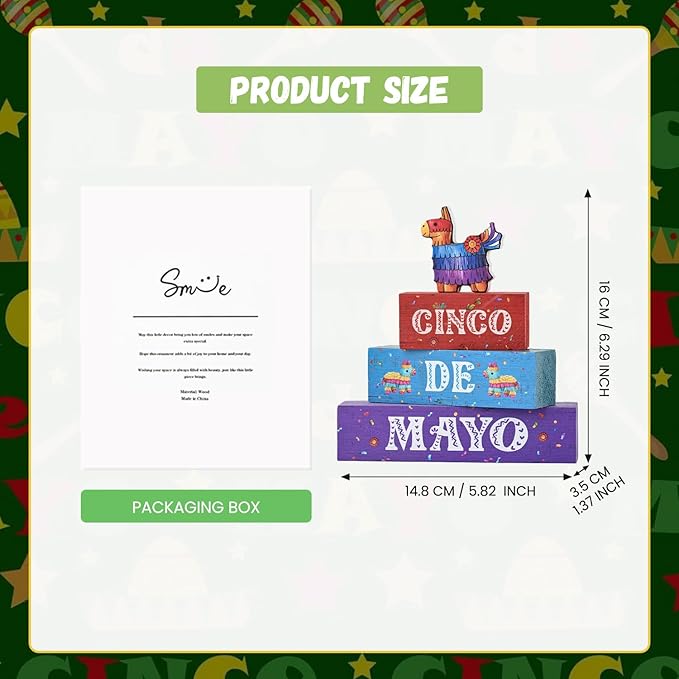 Smile Cinco De Mayo Wooden Block Stack with Piñata Llama Decor, Mexican Fiesta Tiered Tray Tabletop Sign for Cinco De Mayo Party Decorations