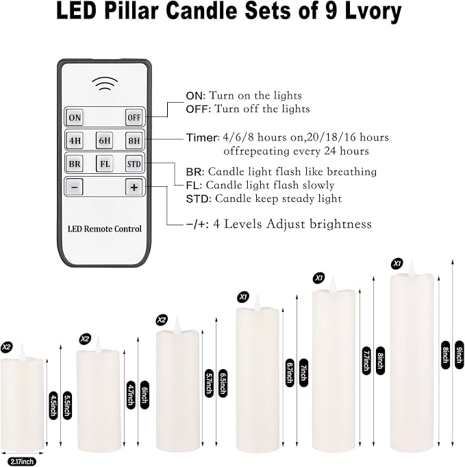Rechargeable Flameless Candles with Remote and Timer, 9-Pack Flickering LED USBC Pillar Candles Coated with Real Wax for Halloween, Christmas, Home, Wedding & Holiday Decor (Six Sizes, White)