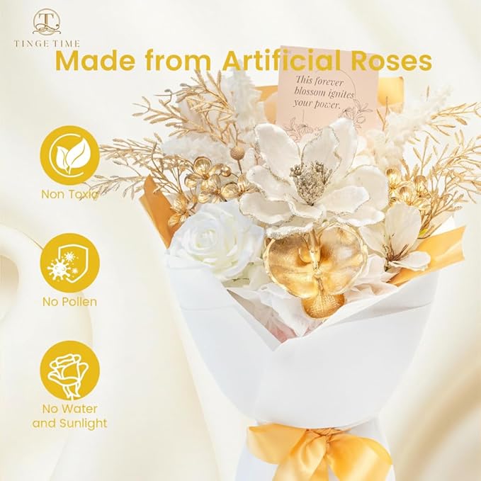 TINGE TIME Preserved Flowers Bouquet, Platinum Faux Rose Bouquets, Eternal Roses Bouquet for Wedding, Table Centerpieces, Mothers Day, Birthday Gifts, Anniversary, Graduation(White & Gold)