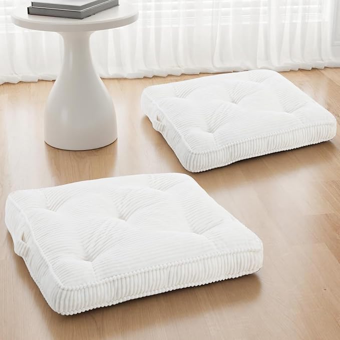 Meditation Floor Cushion Set of 2, 24x24 Tufted Floor Pillow for Adults, Square Large Meditation Cushion Pillow, Corduroy Sitting Pillow with Handle, Yoga Seating for Tatami, Beige