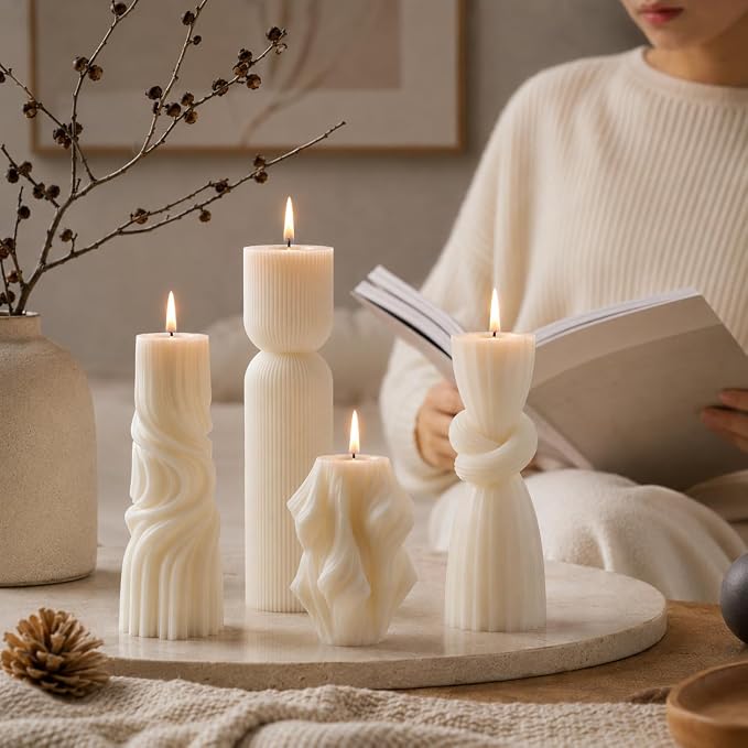 4-Pack Pillar Candles - Soy Wax Handmade Ribbed Candles for Home Decor, Housewarming Gift, Shelf & Table Decor - Aesthetic Modern Candles Set (Pearl White)